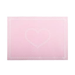 A pink silicone rectangular placemat featuring a heart design and a lace border, with a polka dot background.