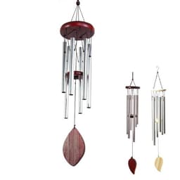 A set of three outdoor wind chimes featuring a dark wood top and silver tubes with varying lengths.