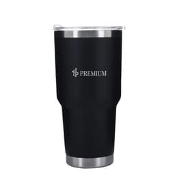 A drink bottle in black stainless steel with a lid and a logo, featuring a vacuum-insulated design.