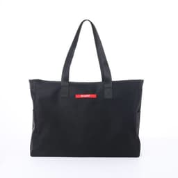 A black tote bag with sturdy handles and a small logo on the front, featuring a spacious interior.