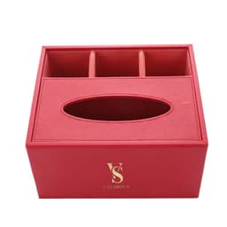 A red PU tissue storage box with three compartments and an oval opening, featuring a logo.
