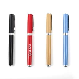 A selection of four metal ballpoint pens in black, red, beige, and blue, each with a distinctive design and a logo.