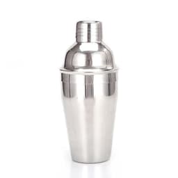 A stainless steel cocktail shaker in a sleek, polished silver finish, featuring a logo on its body.