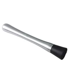 A stainless steel cocktail muddler with a black rubber end, featuring a sleek, shiny finish.