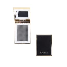 A mini folding makeup mirror with LED light, featuring a gold frame and a sleek black exterior.