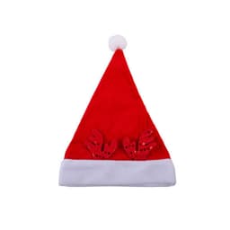 A red Santa hat featuring white trim and decorative reindeer antlers with sparkly accents.