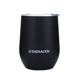 A black vacuum insulated wine tumbler with a lid, featuring a logo on the front.