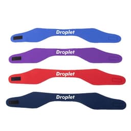 Four neoprene swimming headbands in blue, purple, red, and navy, each featuring a brand logo.