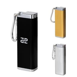 A portable aluminium alloy cigarette case available in black, gold, and silver, featuring a carabiner clip and logo.