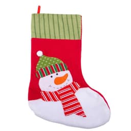 A red Christmas stocking featuring a snowman with a green and red hat and a striped scarf.