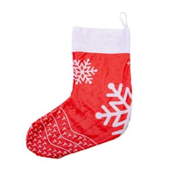 A red decorative Christmas stocking with white snowflake patterns, featuring a loop for hanging.