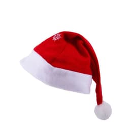 A red Santa hat with a white brim and pom-pom, featuring a snowflake design.