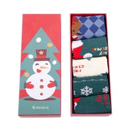 A gift box containing five pairs of Christmas-themed socks, featuring various festive colours and designs.