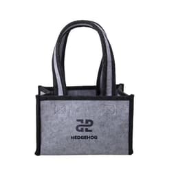 A grey felt wine bottle storage bag with six compartments and a logo on the front.