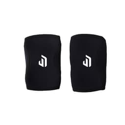A pair of black neoprene knee sleeves featuring a logo on each sleeve.