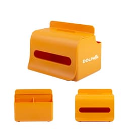 A multifunctional tissue box in bright orange with a rounded design and a logo, featuring storage compartments.
