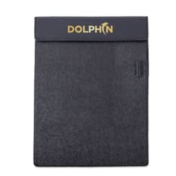 A black leather clipboard with a pen holder and a logo at the top.