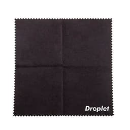 A black microfiber cleaning cloth with a crescent edge, featuring a logo in the corner.