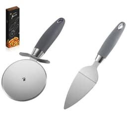 A pizza cutter wheel and shovel server set with grey handles, displayed alongside its packaging.