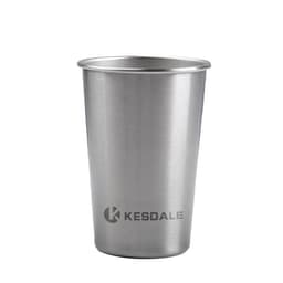A stainless steel pint cup featuring a logo, with a polished silver finish. Ideal for various beverages.