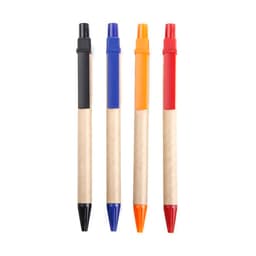 Four eco-friendly retractable ballpoint pens in black, blue, orange, and red, featuring a kraft paper barrel and a logo.