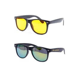 Polarized classic sunglasses in black with yellow and blue mirrored lenses, featuring a logo on the side.