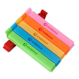 Brightly coloured plastic food sealing clips in pink, orange, blue, green, and purple, arranged together with a logo visible.