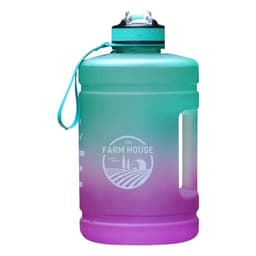 A drink bottle featuring a gradient design, transitioning from teal to purple, with a carry strap and logo.