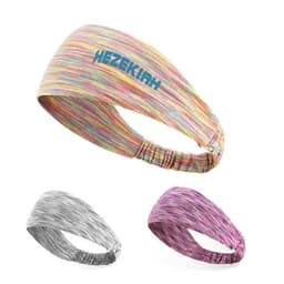 A non-slip sports sweatband in multicoloured, with additional grey and purple options, featuring a logo.