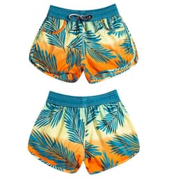 Quick dry beach shorts in orange and yellow with a tropical leaf pattern, featuring an elastic waistband and drawstring.
