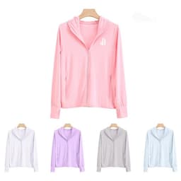 A pink zip-up jacket with a hood, accompanied by grey, purple, white, and light blue variations. Contains a logo.