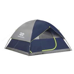 A two-person camping dome tent in navy blue and grey, featuring a logo and mesh windows for ventilation.