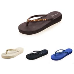 Slim Rock Flip Flops in black, white, navy, and a brown variant with decorative straps. Features a simple logo.