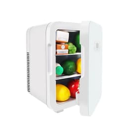 A white portable mini car fridge with open door, displaying drinks, green grapes, lemons, avocados, and other items inside.