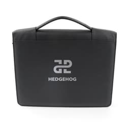 A black zippered binder padfolio featuring a handle and a logo on the front.