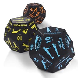 A set of three black, 12-sided foam dice with blue and yellow exercise illustrations and numbers on each face.
