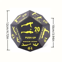 A large black foam die featuring various fitness exercise illustrations and numbers on its sides.