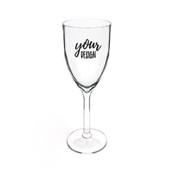 A clear 8 oz. plastic wine glass with a tall stem, featuring a space for custom design or logo.