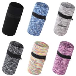 A collection of six sports zipper wrist pouches in black, blue, grey, multicoloured, and pink, featuring zippers and branding.