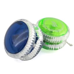 A custom light-up yo-yo in blue and green, featuring a clear casing and a logo on the surface.