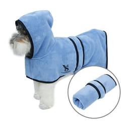 A light blue pet bathrobe with a hood, featuring black trim and a logo, displayed on a small dog.