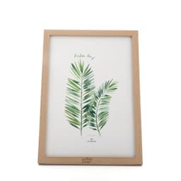 A wooden A4 picture frame in a light timber finish, displaying a foliage artwork. Features a logo at the bottom.