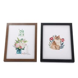 Two decorative photo frames are displayed: one wooden brown frame with a floral illustration, and one black frame featuring a fox illustration.