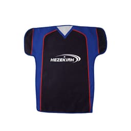 A navy blue and red half sleeve jersey-shaped rally towel featuring a logo on the front.