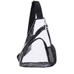 A clear PVC sling bag with a black strap and a mesh pocket. Features a zipper closure and a modern design.