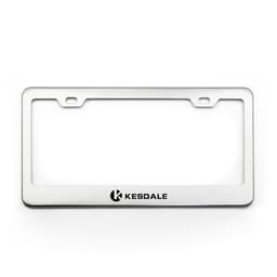 A silver stainless steel license plate frame with a logo at the bottom.