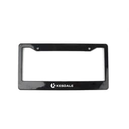 A black custom ABS plastic license plate frame with a branding logo at the bottom and two mounting holes.