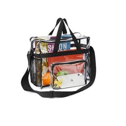 A large clear tote bag with a black shoulder strap, filled with various items and featuring a smaller clear pouch.