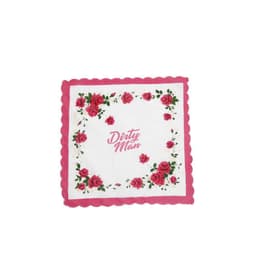 A vintage floral cotton handkerchief with pink roses on a white background and a scalloped edge. It features a logo in the centre.