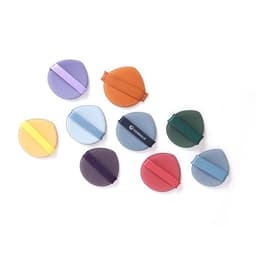 A collection of double-sided air cushion puffs in various colours, including purple, orange, green, and blue, with a logo.
